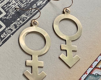 ANDROGYNE Earrings / androgyny symbol jewelry / gold tone brass
