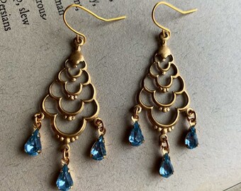 ARABIAN NIGHTS Earrings pale blue vintage glass and golden brass drop earrings jewelry
