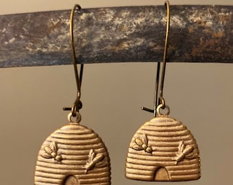 BEE SKEP Earrings / bee hive beehive beekeeper jewelry / antiqued primitive design