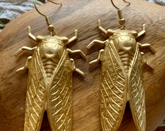 Brass Cicada Earrings, Large Lightweight Statement Jewelry