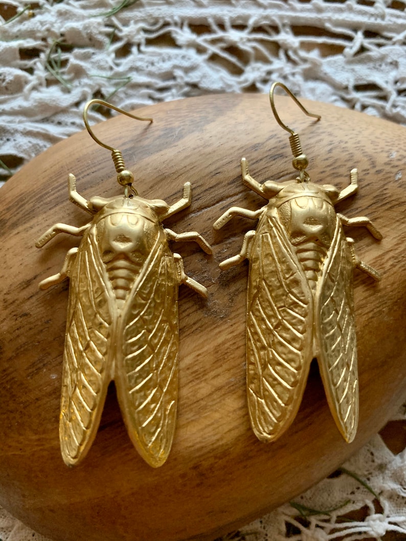 May include: A pair of gold-tone cicada earrings with detailed wings and a textured finish. The earrings have a hook closure.