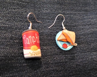 Campbell's soup and grilled cheese sandwich dangly earrings