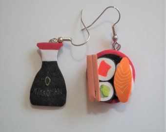 Sushi bento box and Kikkoman soy sauce dangly earrings