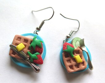 Waffles and fruit brunch dangly earrings