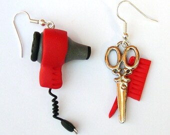 Hair Dryer, Comb and Scissors dangly earrings