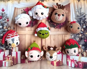 May include: A collection of crocheted Christmas ornaments, including Santa, Mrs. Claus, a reindeer, a Grinch, a penguin, an elf, and a gingerbread person. The ornaments are displayed with wrapped gifts and Christmas trees.