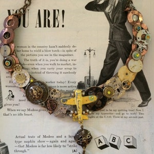 STEAMPUNK Necklace Made with Vintage Brass Watch parts etc  Upcycled Free Shipping