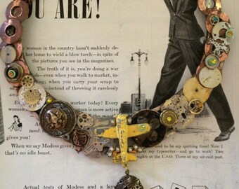 STEAMPUNK Necklace Made with Vintage Brass Watch parts etc  Upcycled Free Shipping