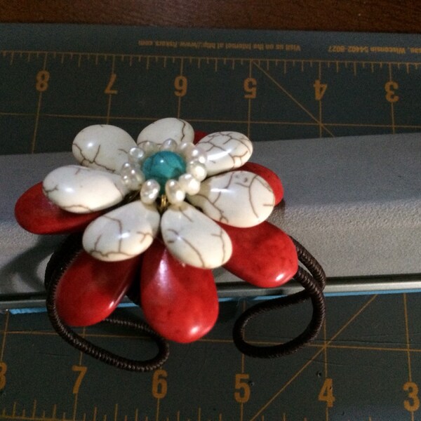 Bracelet Gems Flower Large Cuff Red White Stones Pearls 