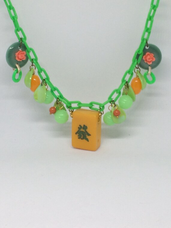 Bakelite Mahjong Jade and Fruits Early Plastics Necklace