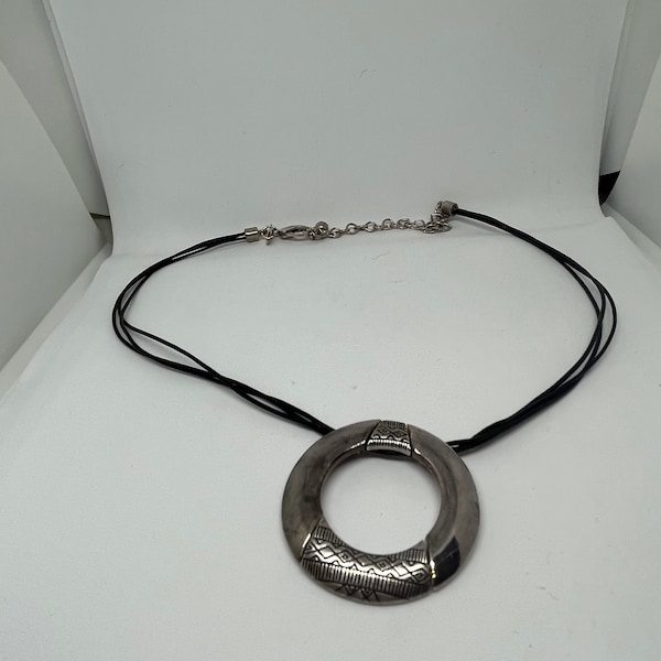 CHICOS Silver Circle with Indian design and leather necklace