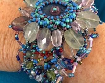 Lg Fluorite/Amethyst Beaded Cuff handmade Fairy bracelet. FREE SHIPPING