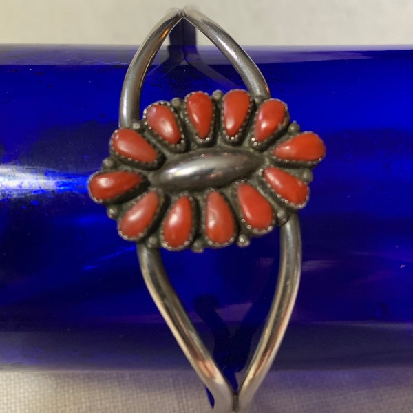 Vintage Zuni Sterling Silver Cuff Bracelet Red Coral signed MFC Size 7