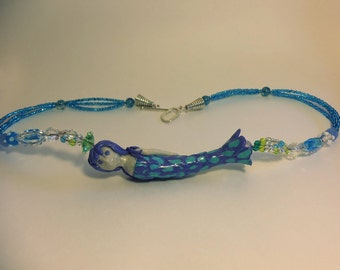 Handmade Mermaid Necklace Blue Purple  Aqua Gems Femo Necklace