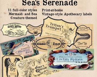 May include: A set of 11 printable vintage-style apothecary labels featuring sea creatures and mermaids. The labels are in a variety of colors and feature illustrations of seahorses, mermaids, octopuses, and more. The labels are perfect for adding a touch of whimsy to your home decor or crafts.
