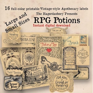 May include: A set of 16 printable vintage-style apothecary labels for role-playing games. The labels feature illustrations of potions, herbs, and other magical ingredients. The labels are in black, white, and brown with a parchment background. The text on the labels includes "Potion of Healing", "Philter of Love", "Necrotic Resistance", and "Potion of Greater Healing".