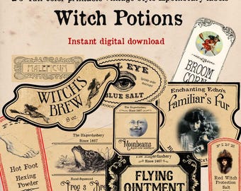 May include: A collection of ten vintage-style apothecary labels with the words "Witch Potions" at the top. The labels feature illustrations and text such as "Witch's Brew," "Blue Salt," and "Flying Ointment." The labels are designed for instant digital download.