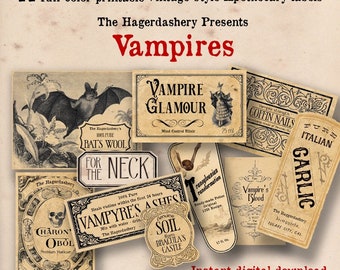May include: Eleven printable vintage-style apothecary labels with a Halloween vampire theme. The labels feature illustrations of bats, coffins, garlic, and skulls. The text on the labels includes "Vampire Glamour", "Coffin Nails", "Bat's Wool", "Vampire's Ashes", "Genuine Soil from Dracula's Castle", and "Italian Garlic".