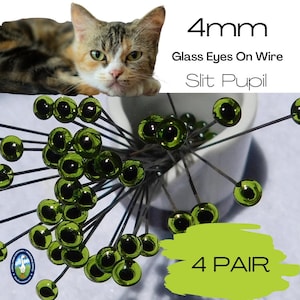4 PAIR Green Glass Eyes with SLIT Pupils on Wire 4mm For Needle Felting, Sewing, Sculpture, Carving For Dragon Kitty Cat Frog Gecko SP201