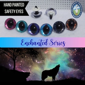 May include: Six hand-painted safety eyes with glitter and iridescent finishes. The eyes are in shades of pink, teal, purple, blue, black, and orange. The eyes are labeled "Enchanted Series".