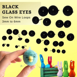 12 PAIR 3mm to 6mm Solid Black Glass EYES Wire Loops teddy bears, dolls, polymer clay, needle felting ( LP-201 )