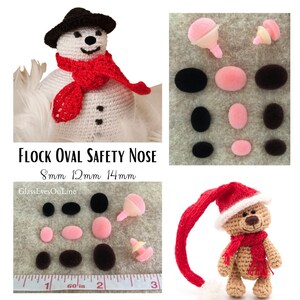 May include: Flock oval safety noses in black and pink, in sizes 8mm, 12mm, and 14mm. The noses are shown on a white surface with a ruler for size reference. The noses are also shown on a snowman and a teddy bear.