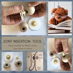 May include: A wooden tool for inserting plastic joints into stuffed toys. The tool is made of wood and has a small hole in the center. The tool is shown being used to insert a plastic joint into a stuffed toy arm. The tool is hand-crafted and is available in sizes from 20mm to 65mm.