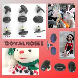 May include: Twelve oval-shaped plastic safety eyes with black pupils and a white washer. The eyes are available in three sizes: 20mm, 24mm, and 30mm. The eyes are shown on a white background with a teddy bear and a doll in the background.