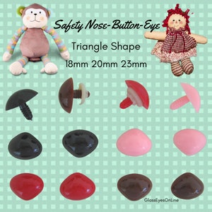 May include: Assortment of triangle-shaped safety eyes and noses in various colors, including black, brown, red, and pink. The sizes are 18mm, 20mm, and 23mm. Safety eyes and noses are used for craft projects, such as stuffed animals and dolls.