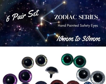 6 PAIA Occhi di sicurezza Serie Zodiaco Dipinti a mano da 10 mm a 30 mm Fantasia per arti e mestieri Bambola Orsacchiotto da usare all'uncinetto Cucire a maglia Occhi artigianali ZOPE