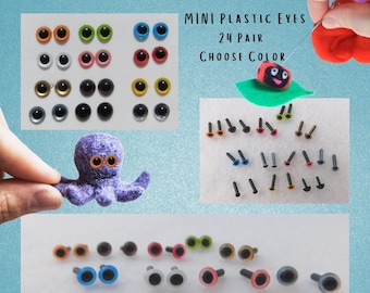 May include: Assortment of 24 pairs of mini plastic eyes in various colors, including black, white, blue, green, red, yellow, and orange. The eyes are shown on a blue background with a small octopus toy with orange eyes. The text "MINI PLASTIC EYES 24 PAIR CHOOSE COLOR" is visible in the image.