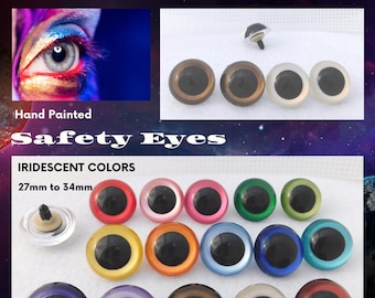 May include: Assortment of 12 iridescent safety eyes for crafts. The eyes are 27mm to 34mm in diameter and come in a variety of colors, including red, pink, green, yellow, orange, blue, purple, and brown. The eyes have a black pupil and a shiny finish.