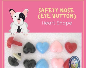 May include: Assortment of heart-shaped safety nose buttons in black, red, pink, light blue, and dark blue. The buttons are designed for use in crafts and plush toys.  The image also includes a close-up of a single safety nose button with a post.