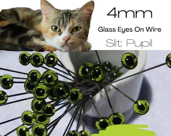 4 PAIR Green Glass Eyes with SLIT Pupils on Wire 4mm For Needle Felting, Sewing, Sculpture, Carving For Dragon Kitty Cat Frog Gecko SP201