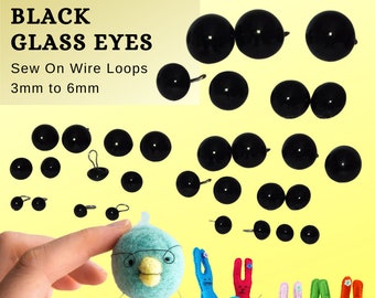 12 PAIR 3mm to 6mm Solid Black Glass EYES Wire Loops teddy bears, dolls, polymer clay, needle felting ( LP-201 )