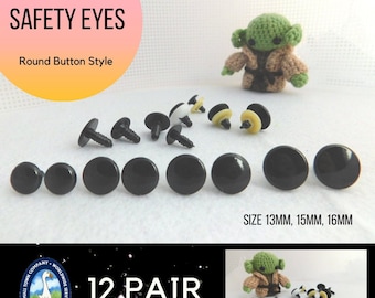 12 Pair Round Flat Safety Eyes, Noses, Buttons BLACK 13mm or 16mm For Fantasy Character Teddy Bear Doll Puppet Sewing Crochet Crafts  RBE