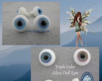 1 PAIR Glass Doll Eyes 12mm Triple Colors for Dolls, Fairy, Ooak, Sculptures, Bisque, Polymer Clay, Sculpture,  Fantasy Arts Crafts ( TCDE )