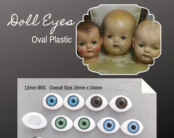 6 PAIR Plastic Doll Eyes Oval 12mm Iris With 16mm by 24mm Overall Size Choose Color for Dolls, Fairies, Mermaids, Fantasy Characters (A-1)