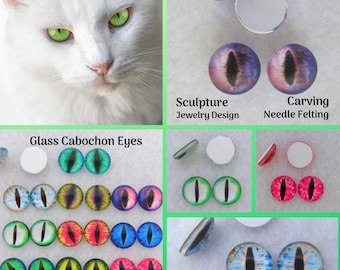 May include: A white cat with bright green eyes is featured alongside various glass cabochon eyes. The cabochon eyes come in a variety of colors and designs, suitable for sculpture, jewelry design, and needle felting projects.