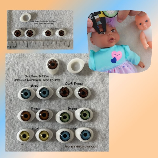 6 PAIR Doll Eyes Oval Plastic 8mm IRIS Overall Size 10mm x 15mm For Dolls, Trolls, Puppets, Jewelry Design, Fantasy, Crafts ( A-1 )