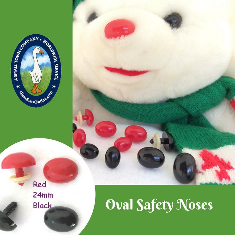 May include: Oval safety noses in red and black, 24mm in size. The noses are made of plastic and have a flat back with a small post for attaching to fabric. The image also shows a white stuffed animal with a red nose.