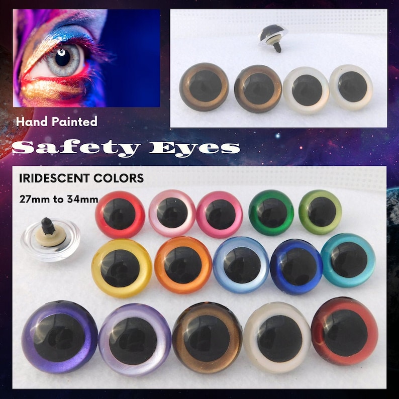 May include: Assortment of 12 iridescent safety eyes for crafts. The eyes are 27mm to 34mm in diameter and come in a variety of colors, including red, pink, green, yellow, orange, blue, purple, and brown. The eyes have a black pupil and a shiny finish.