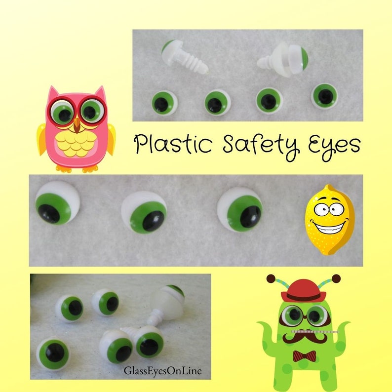 May include: Assortment of plastic safety eyes in various sizes with green irises and black pupils. The eyes are on a white background with a few examples of how they can be used.  The text "Plastic Safety Eyes" is written in black.