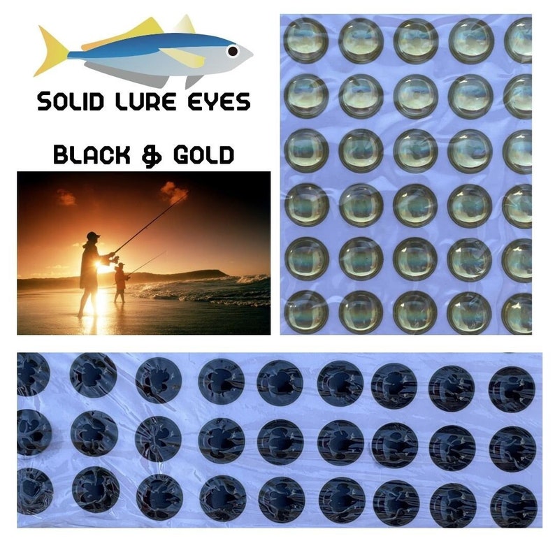 May include: A sheet of black and gold solid lure eyes. The eyes are arranged in a grid pattern on a white background. The text "SOLID LURE EYES" and "BLACK & GOLD" is printed on the sheet.