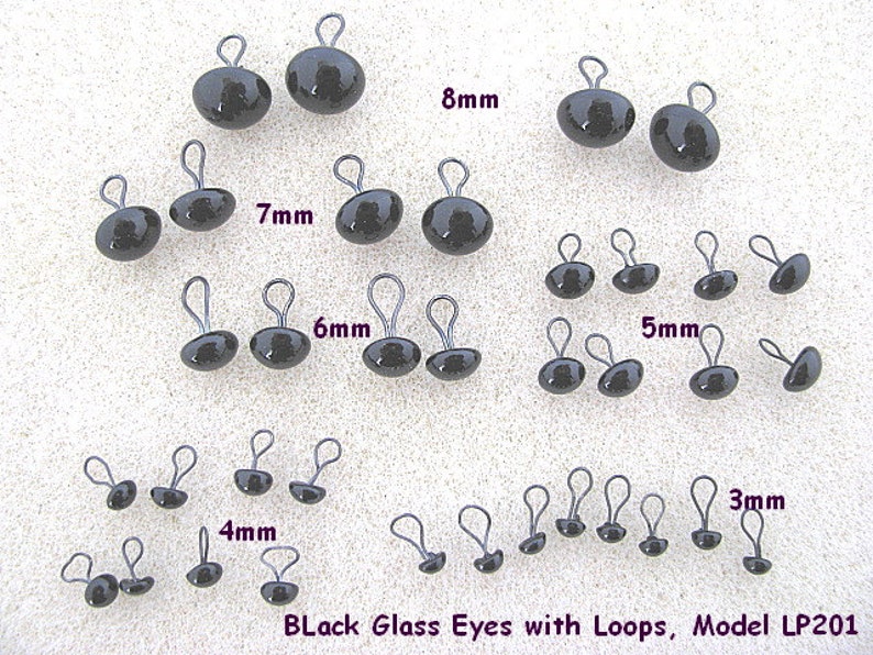 18 PAIR Black Glass Eyes with Wire Loops Assorted Sizes 3mm to 8mm for teddy bears, dolls, sculpture, needle felting, sewing LP-201 image 4