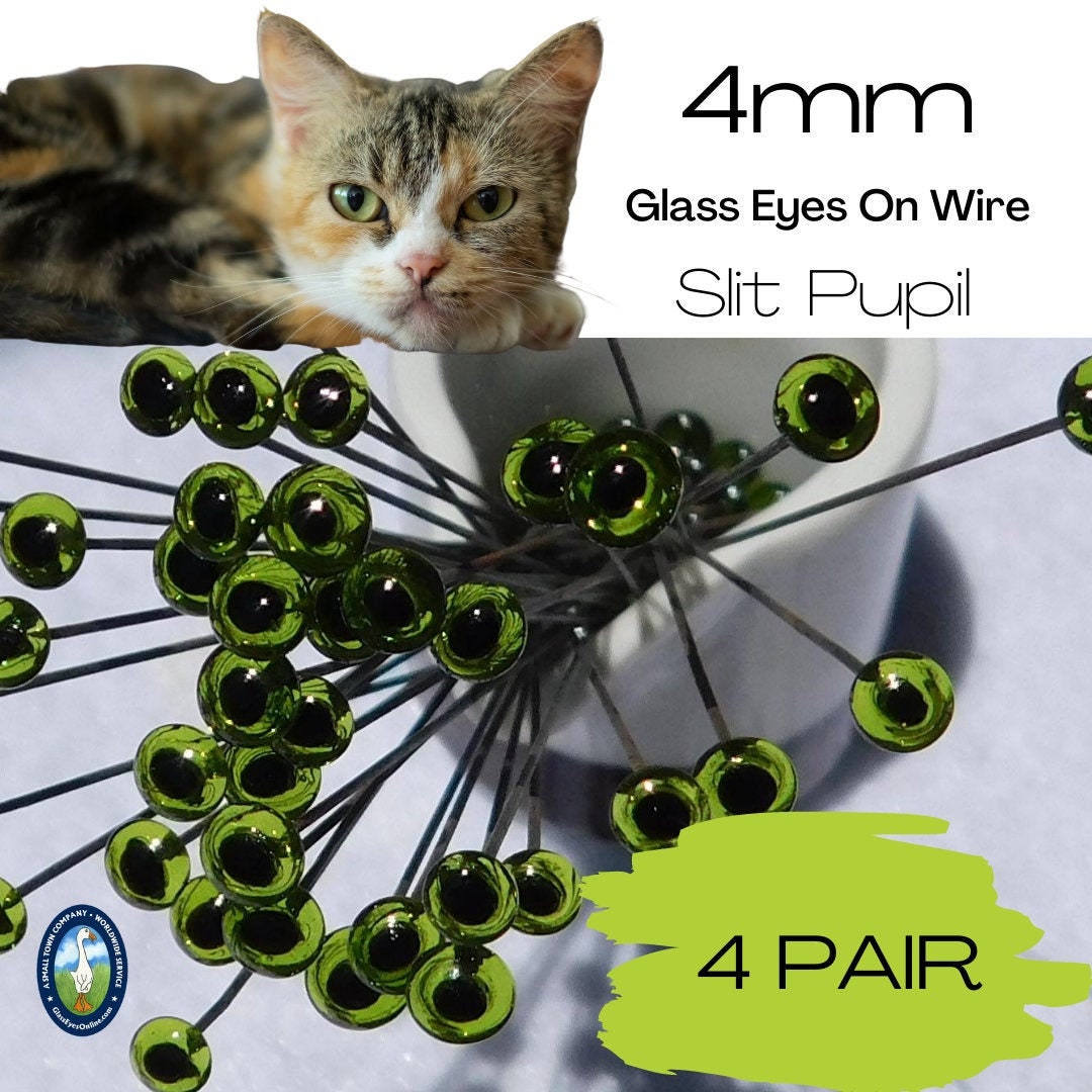 4 PAIR Green Glass Eyes with SLIT Pupils on Wire 4mm For Needle Felting, Sewing, Sculpture, Carving For Dragon Kitty Cat Frog Gecko SP201