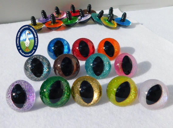 2 PAIR Cat Eyes 25mm or 28mm or 30mm SLIT Pupil Safety Eyes Sparkle Colors  Sew, Crochet, Frogs Dragons Kitty Cat Fantasy Monsters SSP-1 