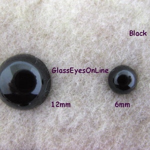 May include: Two black glass eyes, one 12mm and one 6mm, on a white fuzzy surface. GlassEyesOnLine.