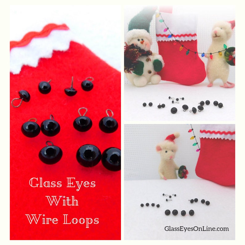May include: Black glass eyes with wire loops for crafts. The eyes are on a red background with the text "Glass Eyes With Wire Loops".