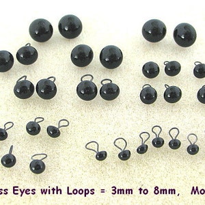 18 PAIR Black Glass Eyes with Wire Loops Assorted Sizes 3mm to 8mm for teddy bears, dolls, sculpture, needle felting, sewing LP-201 image 3